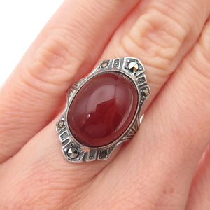 925 Sterling Silver Antique Art Deco Real Carnelian & Marcasite Ring Size 4.5