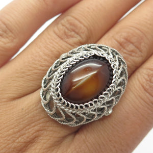 925 Sterling Silver Vintage Cat's Eye Imitation Filigree Statement Ring Size 8.5