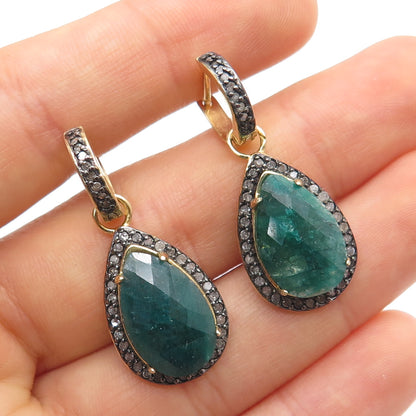 925 Sterling Silver Gold Plated Real Diamond & Emerald Dangle Earrings