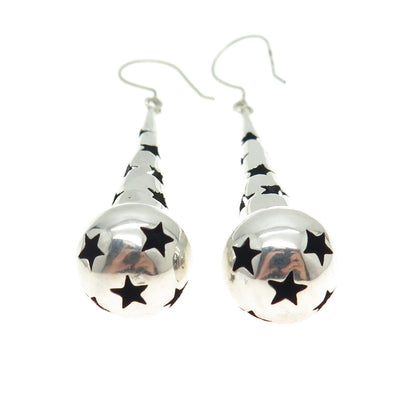 925 Sterling Silver Vintage Star Pattern Cone Dangle Earrings