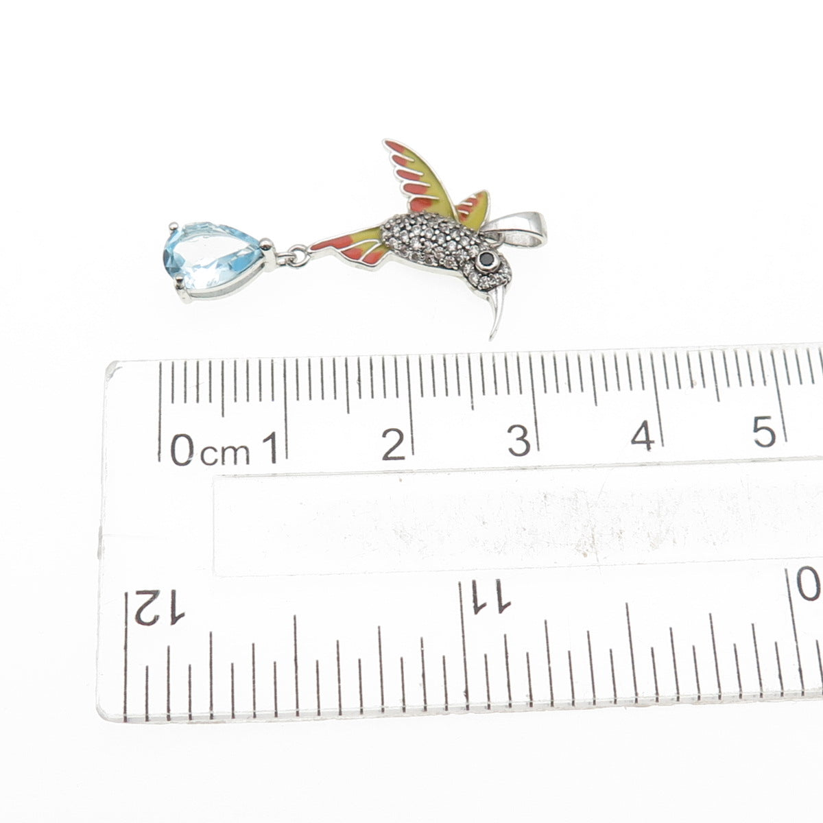 925 Sterling Silver Enamel Real Blue Topaz Black & White C Z Hummingbird Pendant