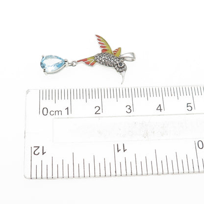 925 Sterling Silver Enamel Real Blue Topaz Black & White C Z Hummingbird Pendant