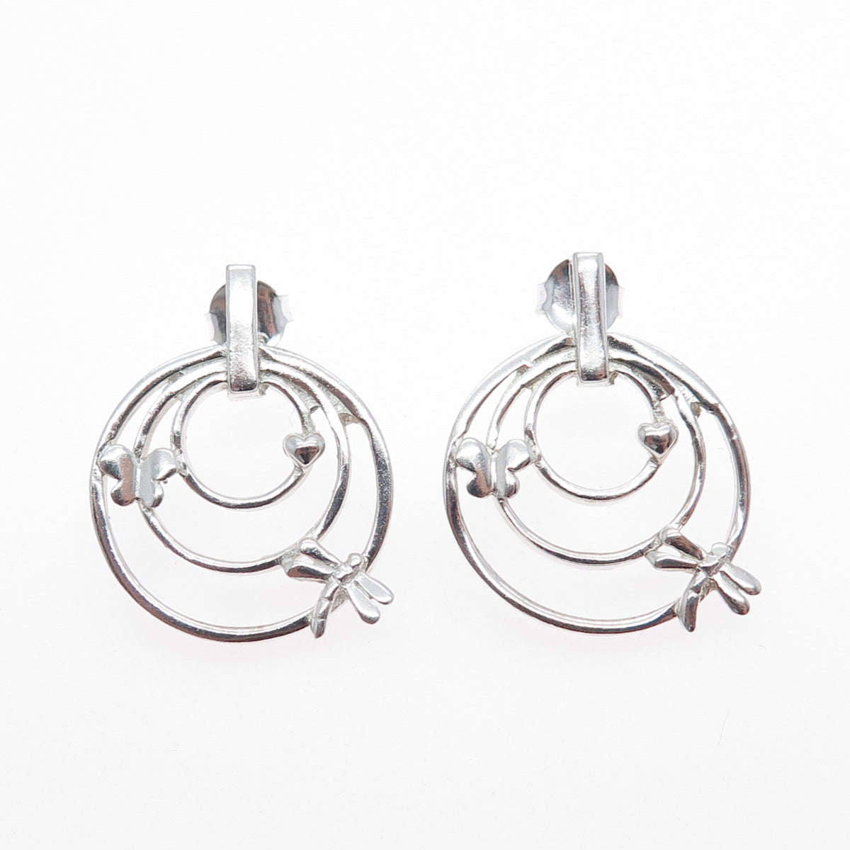 925 Sterling Silver Vintage Dragonfly Butterfly Heart Multi-Circle Earrings
