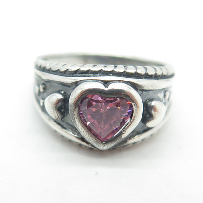 SHUBE 925 Sterling Silver Vintage Heart-Cut Pink C Z Love Ring Size 7.75