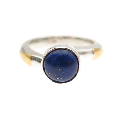 925 Sterling Silver 22K Gold Vintage Real Lapis Modernist Ring Size 4.75