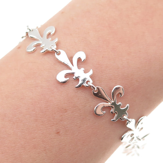 925 Sterling Silver Fleur de Lis Link Bracelet 7.25"