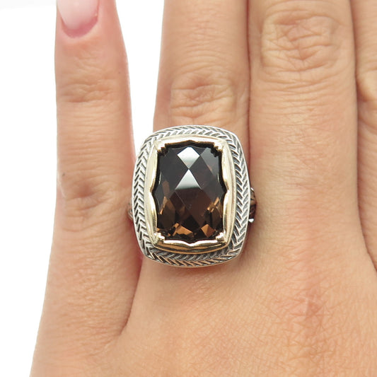 925 Sterling Silver 2-Tone Vintage Real Smoky Quartz Ring Size 6.25