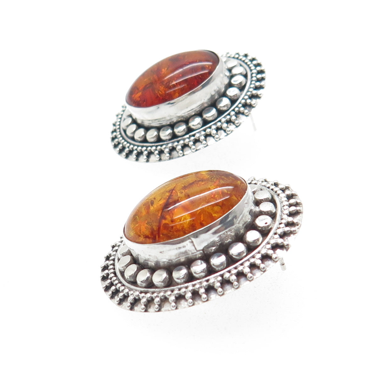 925 Sterling Silver Vintage Real Amber Modernist Granulated Earrings
