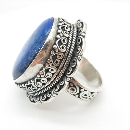 925 Sterling Silver Vintage Real Cabochon Lapis Lazuli Swirl Ring Size 7.75