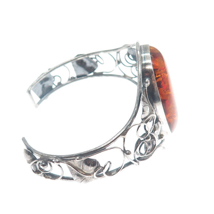925 Sterling Silver Vintage Real Amber Floral Adjustable Oxidized Bracelet 7"