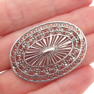 925 Sterling Silver Vintage Floral Filigree Oxidized Pin Brooch