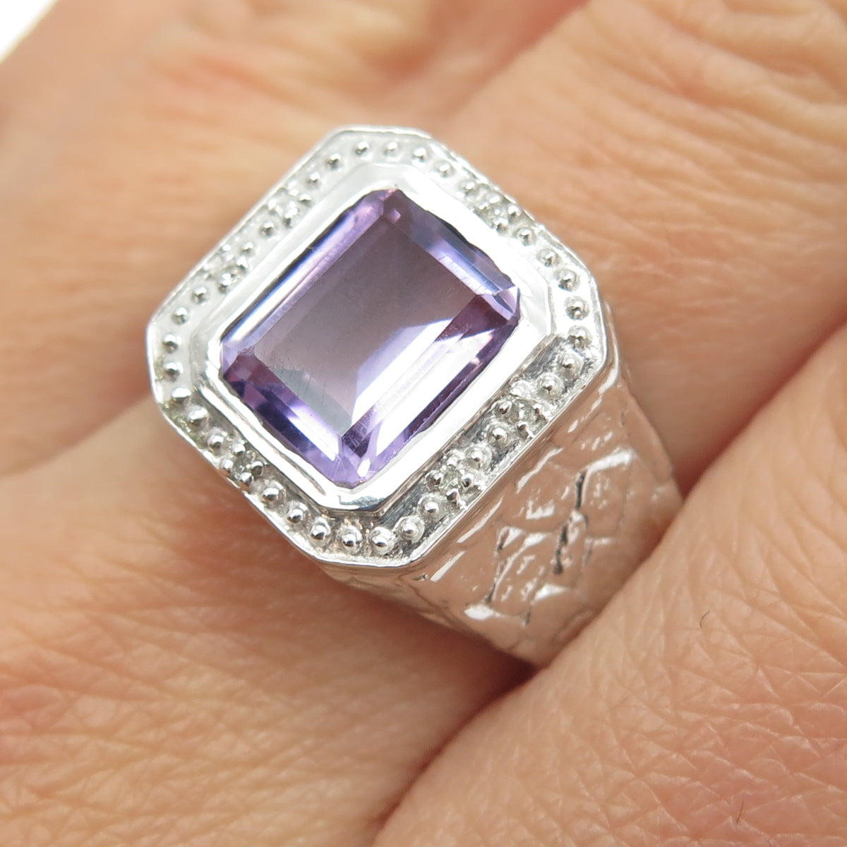 925 Sterling Silver Real Round-Cut Diamond & Amethyst Ring Size 8.75