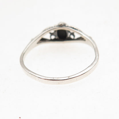 925 Sterling Silver Vintage Real Black Onyx Heart Oxidized Ring Size 8