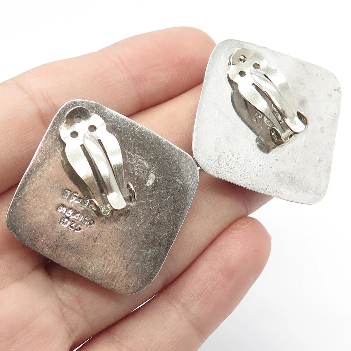 925 Sterling Silver Vintage Mexico Woven Rhombus Clip On Earrings