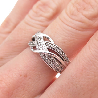 925 Sterling Silver Real Round-Cut Diamond Woven Ring Size 6.75