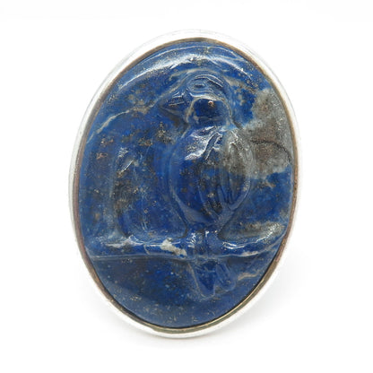 970 Silver Vintage Real Carved Lapis Lazuli Bird Cameo Statement Ring Size 10.5