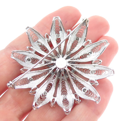 AM LEE Sterling Silver Antique Art Deco Rhinestone Flower Filigree Pin Brooch