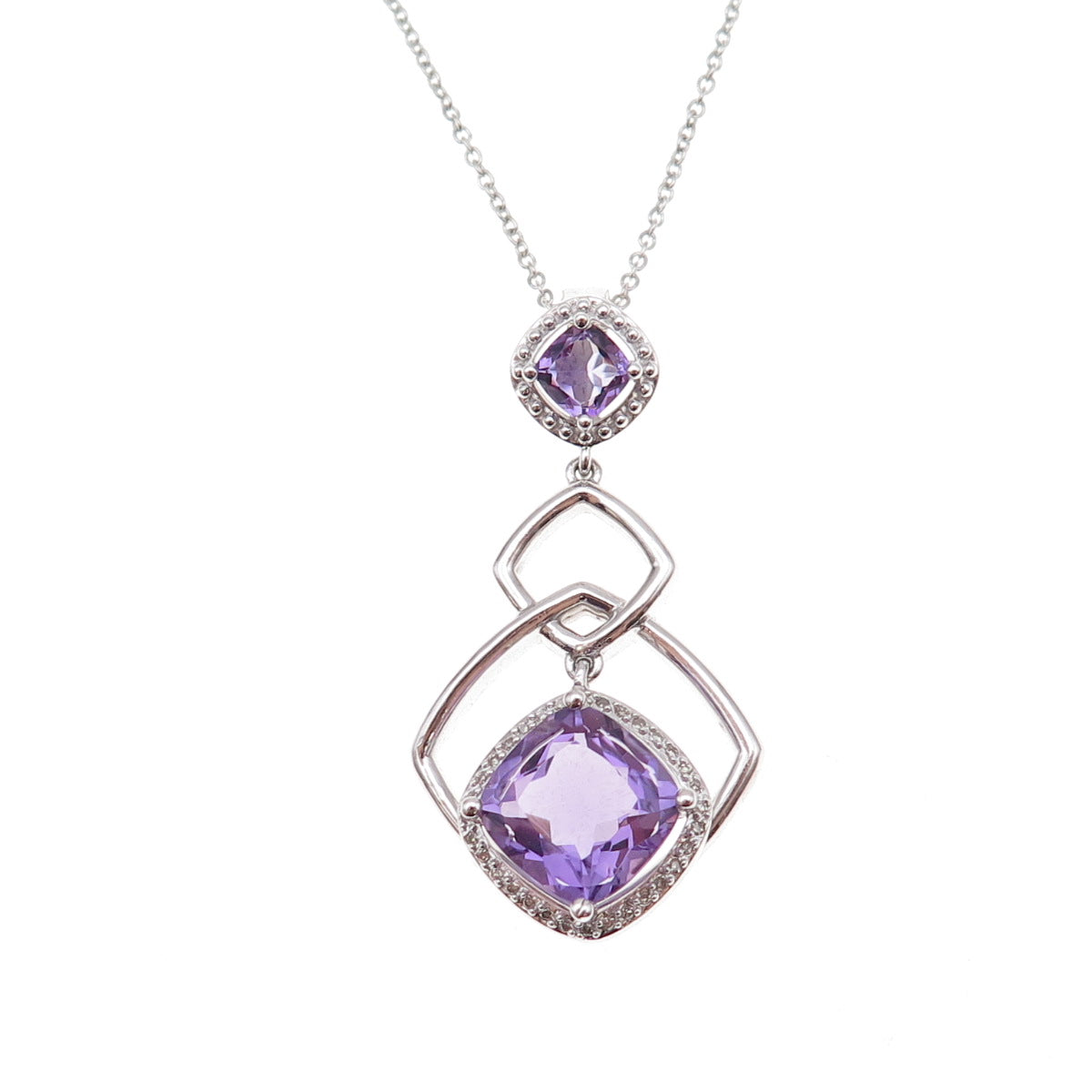 925 Sterling Silver Real Diamond & Amethyst Cable Chain Necklace 18"