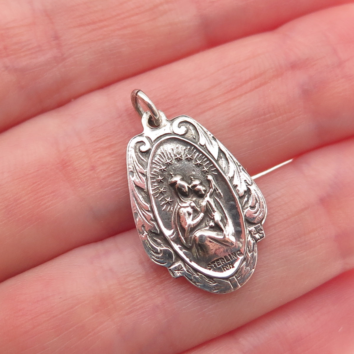 HMH Religious Sterling Silver Antique Art Deco Jesus & St. Mary Charm Pendant
