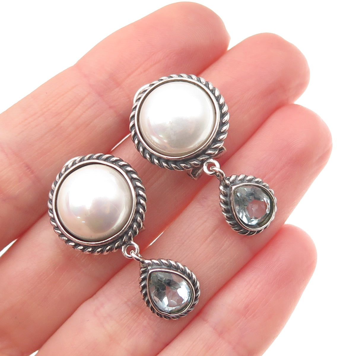 FD Felicia 925 Sterling Vintage Real Blue Topaz & Faux Pearl Omega Back Earrings