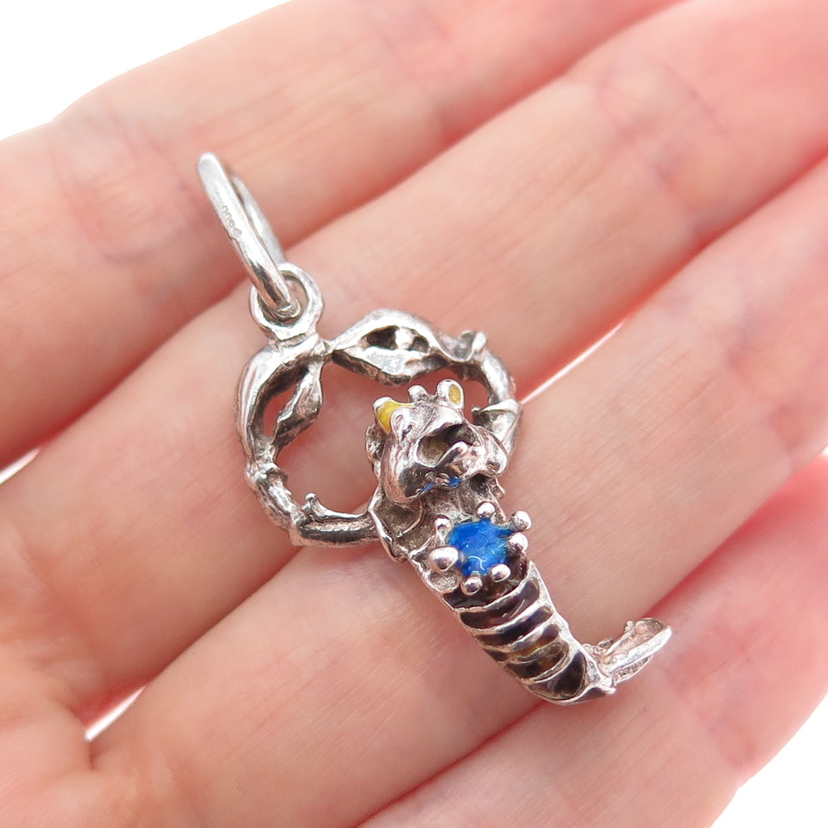 925 Sterling Silver Vintage Enamel Lobster Oxidized Charm Pendant