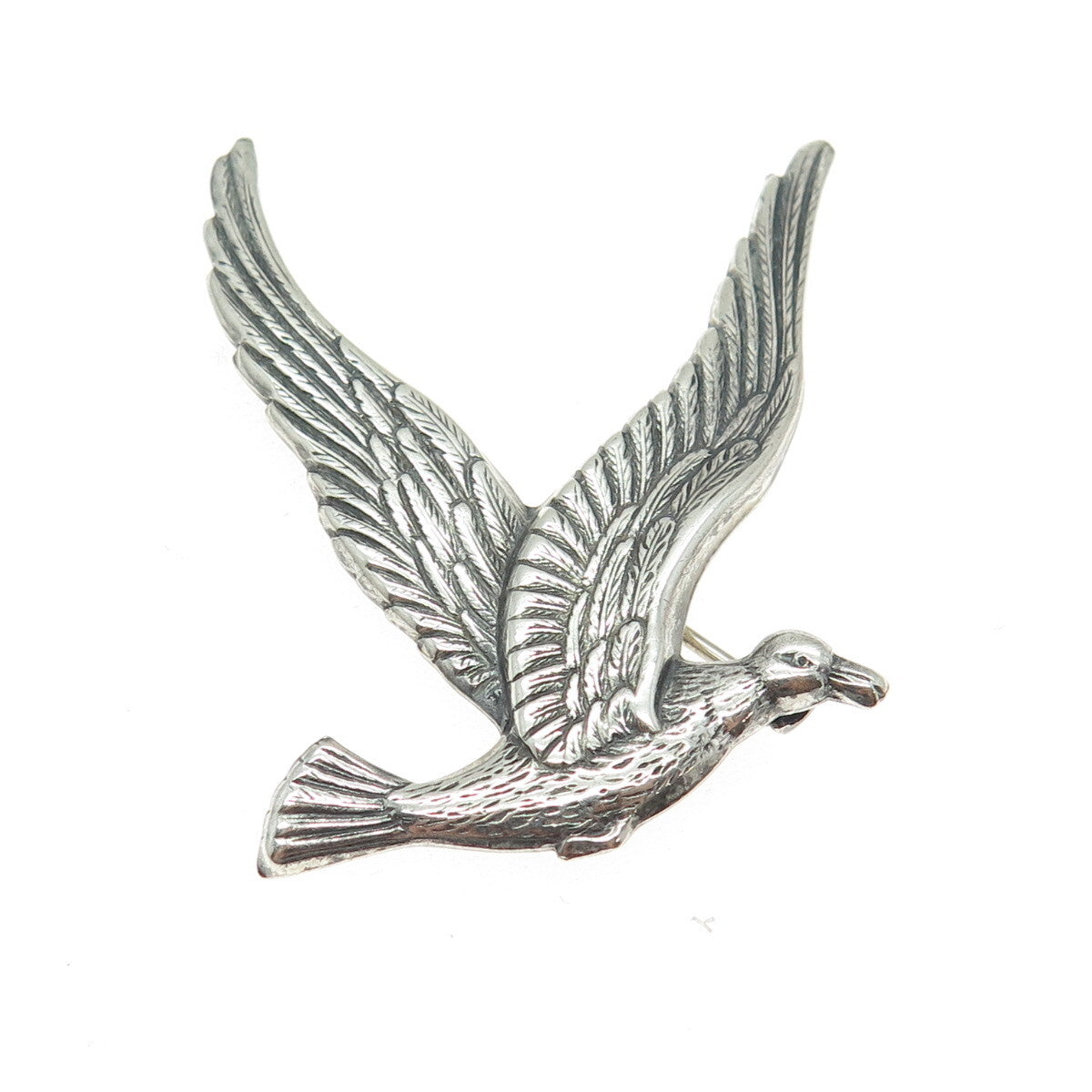 925 Sterling Silver Antique Art Deco Seagull Bird Repousse Oxidized Pin Brooch