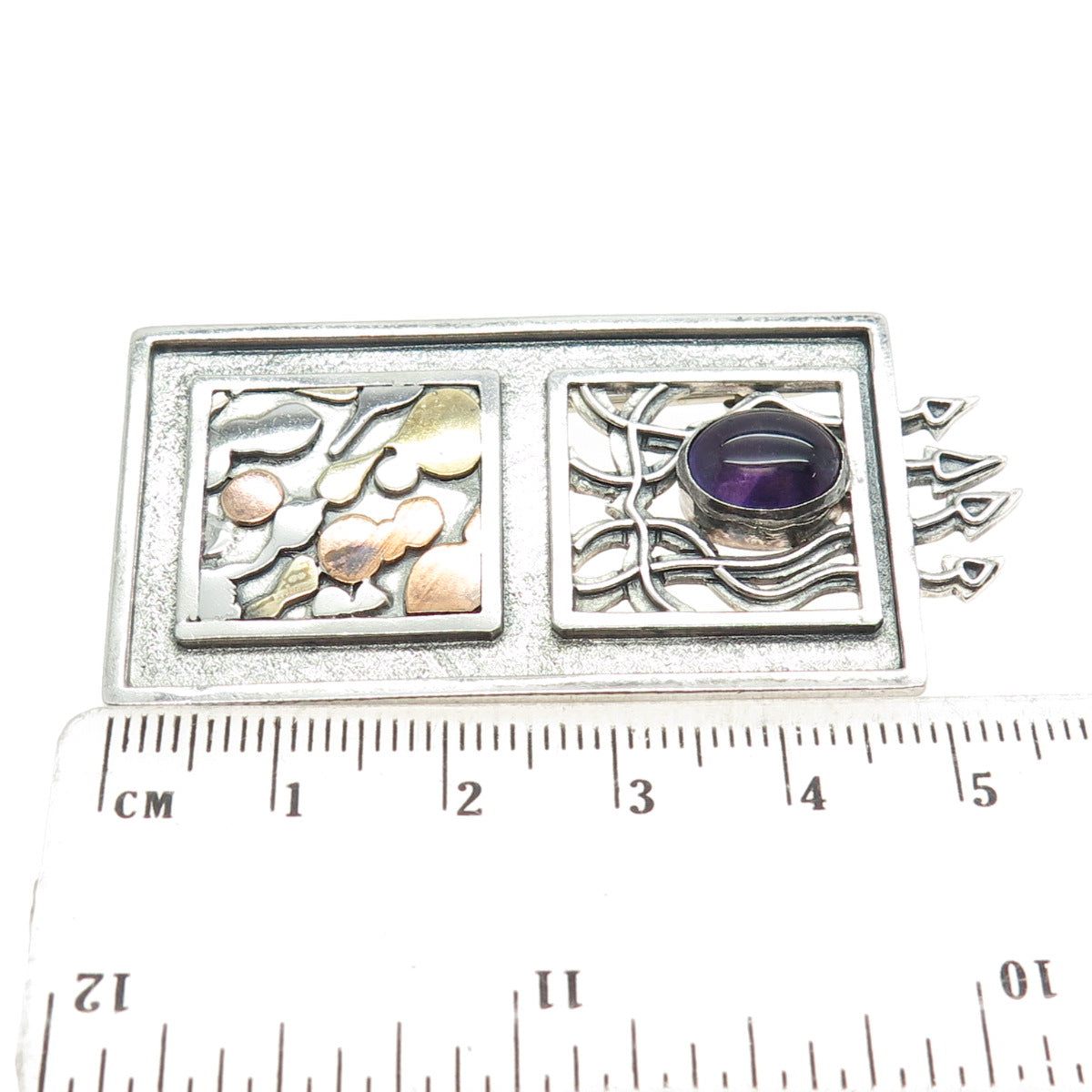 925 Sterling Silver 3-Tone Vintage Real Amethyst Modernist Pin Brooch