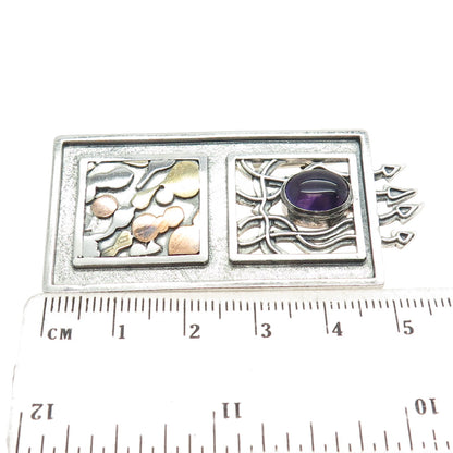 925 Sterling Silver 3-Tone Vintage Real Amethyst Modernist Pin Brooch