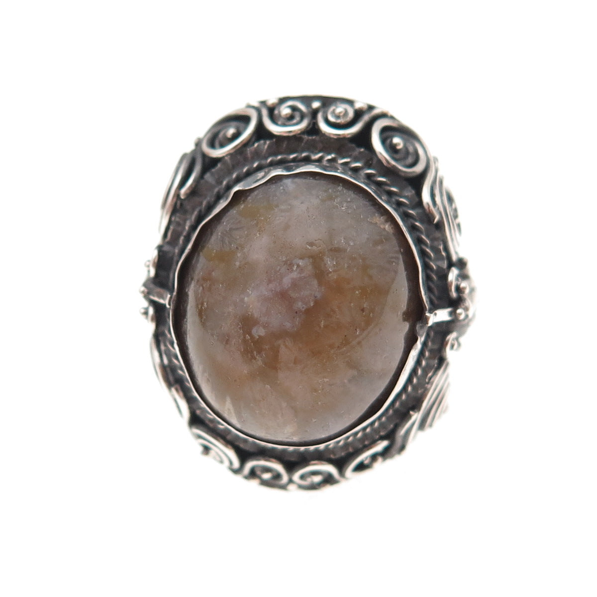 925 Sterling Silver Antique Art Deco Real Amber Bird Oxidized Ring Size 8.75
