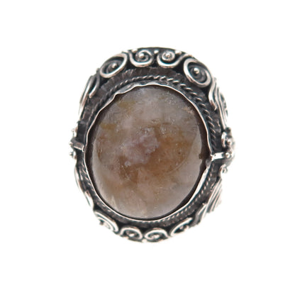 925 Sterling Silver Antique Art Deco Real Amber Bird Oxidized Ring Size 8.75