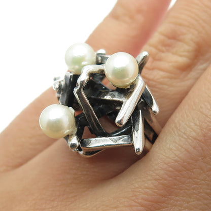 925 Sterling Silver Vintage Israel Real Pearl Modernist Ring Size 6.25