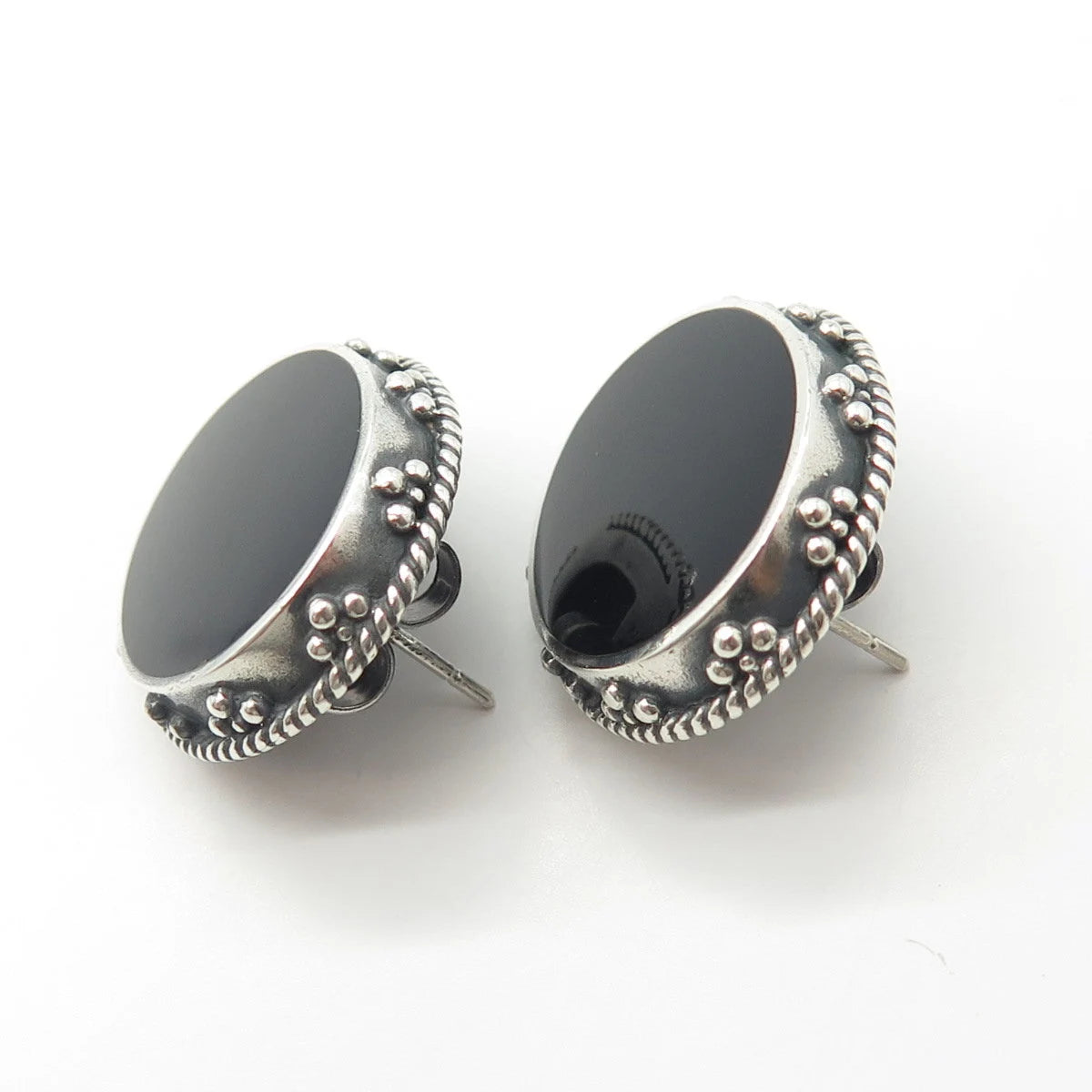 925 Sterling Silver Vintage WOODS Real Black Onyx Gemstone Earrings