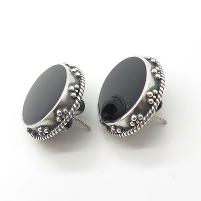925 Sterling Silver Vintage WOODS Real Black Onyx Gemstone Earrings
