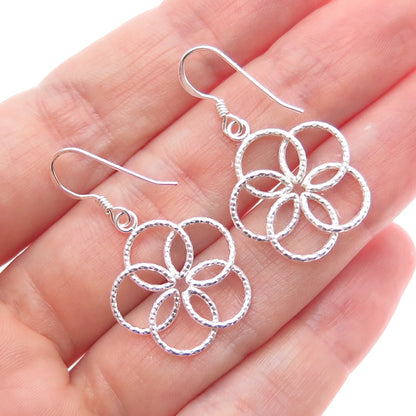 925 Sterling Silver Vintage Interlocked Circle Flower Dangle Earrings