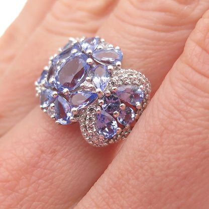 925 Sterling Silver Real Tanzanite & White Topaz Cluster Ring Size 7