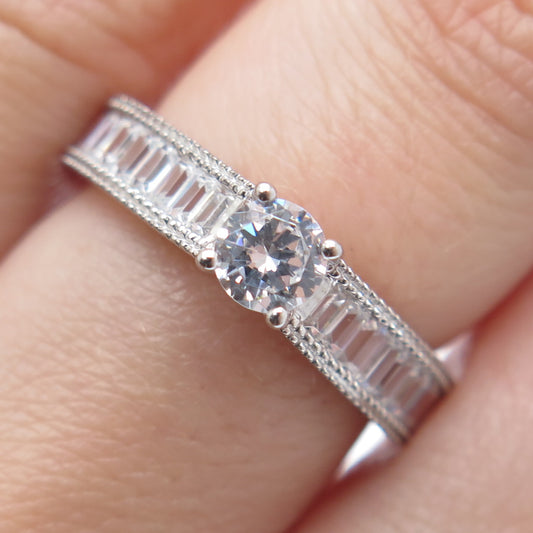 925 Sterling Silver Round & Emerald-Cut C Z Engagement Ring Size 6.75