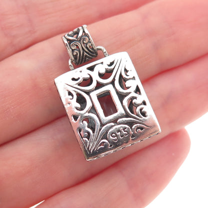 925 Sterling Silver Vintage Real Blue Topaz Floral Ornate Oxidized Charm Pendant