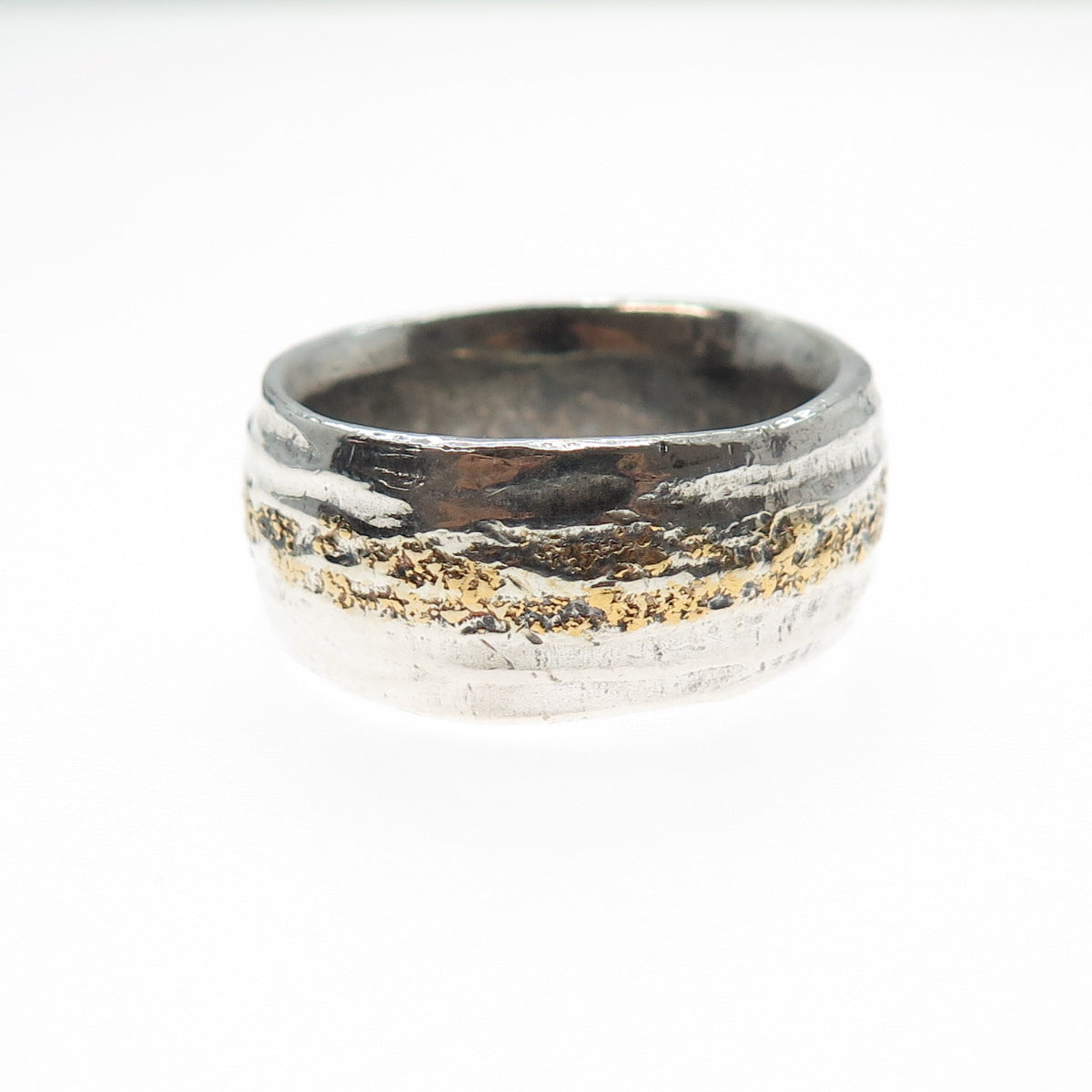 PAVE Sterling Silver 22K Gold Vintage Modernist Oxidized Band Ring Size 10.75