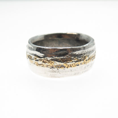 PAVE Sterling Silver 22K Gold Vintage Modernist Oxidized Band Ring Size 10.75