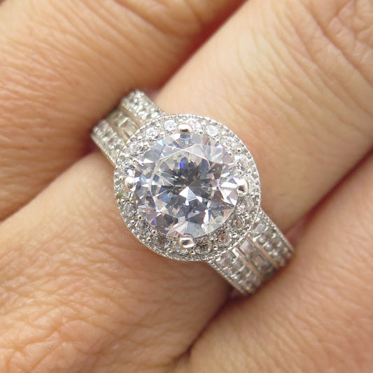 925 Sterling Silver Round & Baguette-Cut C Z Promise Ring Size 7