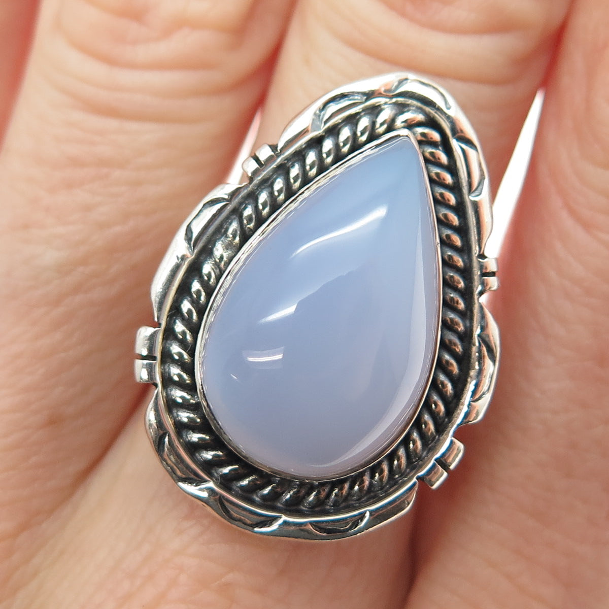 925 Sterling Silver Vintage Southwestern Real Chalcedony Teardrop Ring Size 7