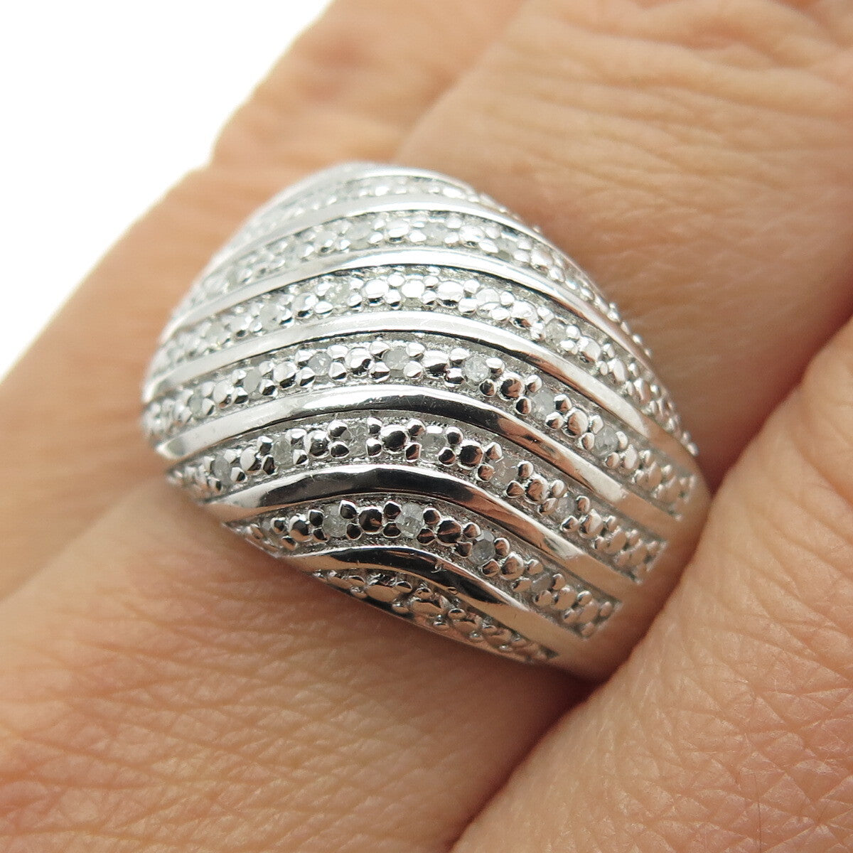 925 Sterling Silver Real Round-Cut Diamond Wavy Dome Ring Size 8