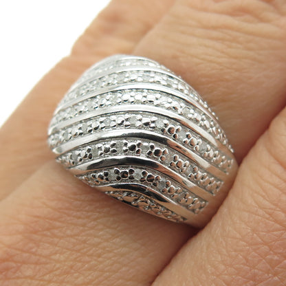 925 Sterling Silver Real Round-Cut Diamond Wavy Dome Ring Size 8