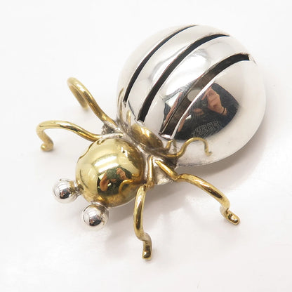 925 Sterling Silver 2-Tone Vintage Mexico Beatle Insect Pin Brooch