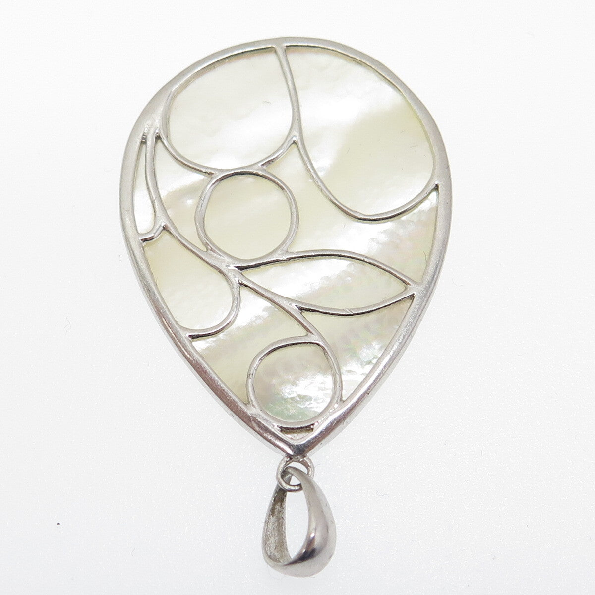 925 Sterling Silver Vintage Real Mother-of-Pearl Ornate Teardrop Pendant
