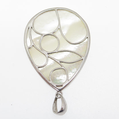 925 Sterling Silver Vintage Real Mother-of-Pearl Ornate Teardrop Pendant