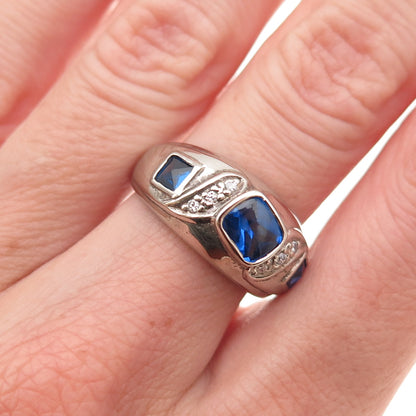 925 Sterling Silver Vintage Real Blue Topaz & C Z Modernist Ring Size 6.5