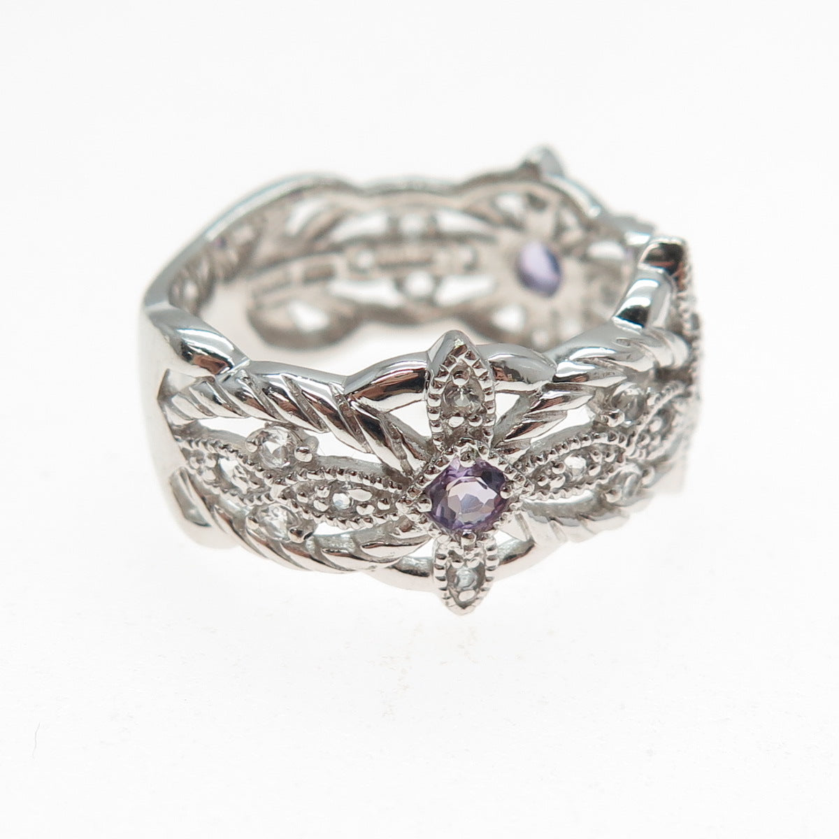 LENOX 925 Sterling Silver Vintage Real Amethyst & White Topaz Ring Size 9.25