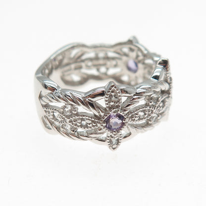 LENOX 925 Sterling Silver Vintage Real Amethyst & White Topaz Ring Size 9.25