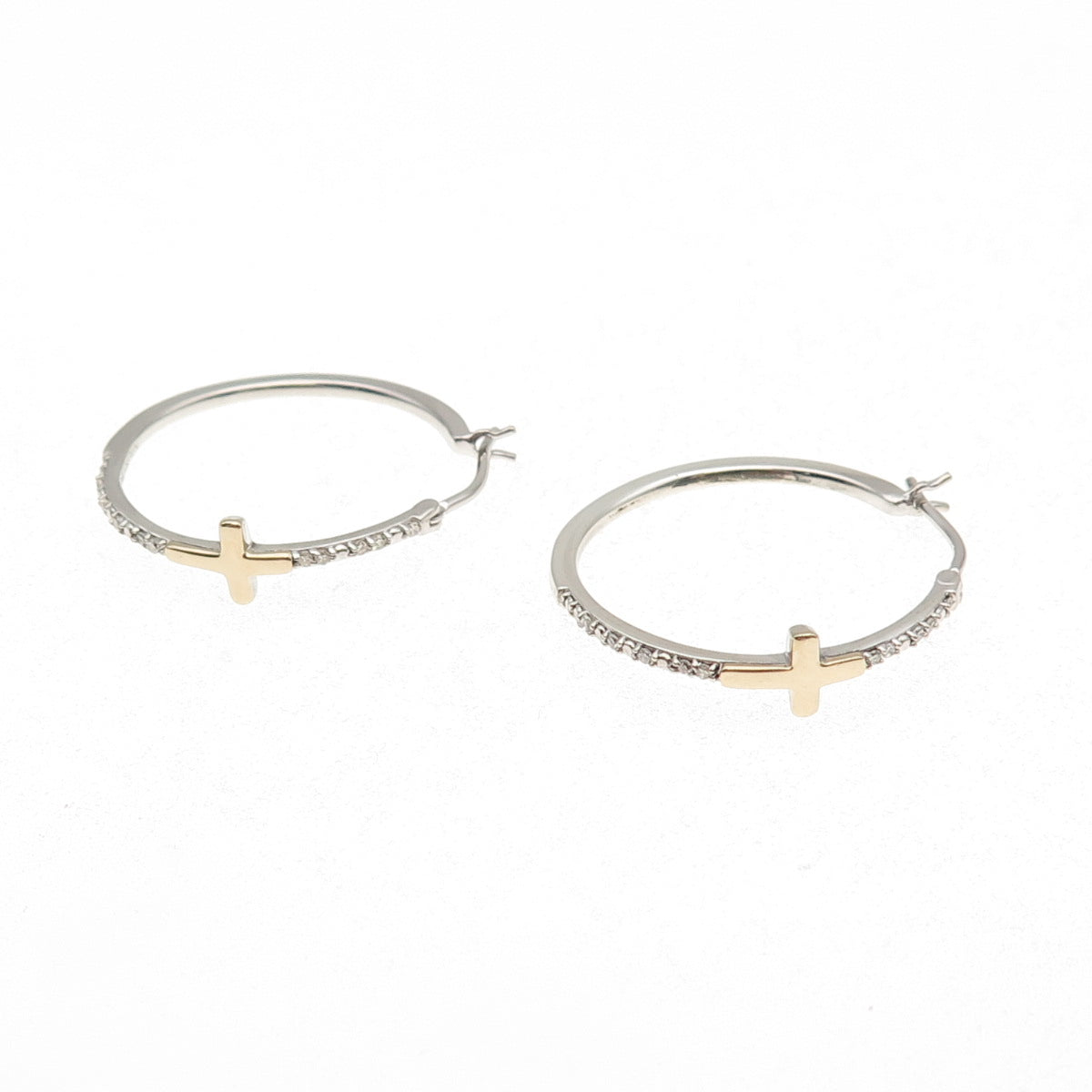 Sun 925 Sterling Silver 10K Gold Real Round-Cut Diamond Cross Hoop Earrings